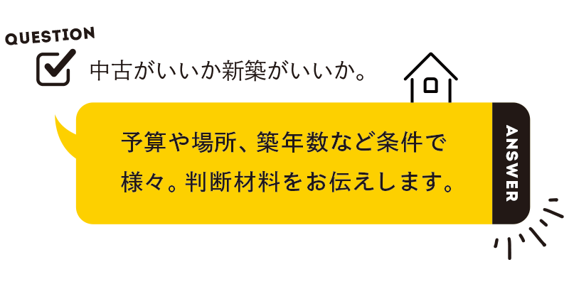 中古がいいか新築がいいか：予算や場所、築年数など条件で様々。判断材料をお伝えします。